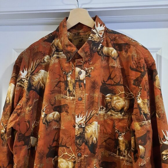 North River Shirt‎ Mens XXL Rust Big Game Hunting Moose Caribou Deer Buck Bull - Picture 1 of 12
